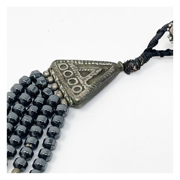 Antiqued Silver Tone Egyptian Revival Multi Strand Beaded Layered Necklace - Picture 4 of 8